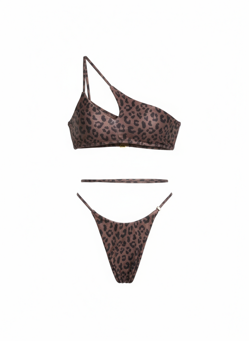 Leopard print bikini set on a white background