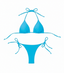 Blue bikini set with string details on a white background