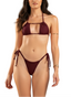 Woman wearing a burgundy bikini set on a white background